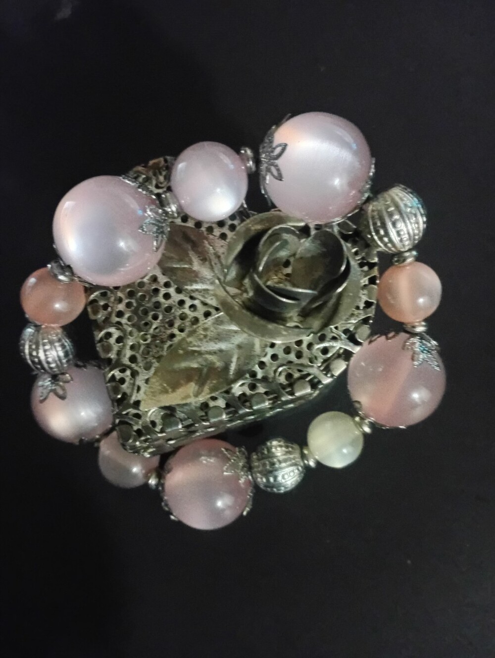 Hand Crafted Pink Pearl-Effect Beaded Bracelet with Silver Accents